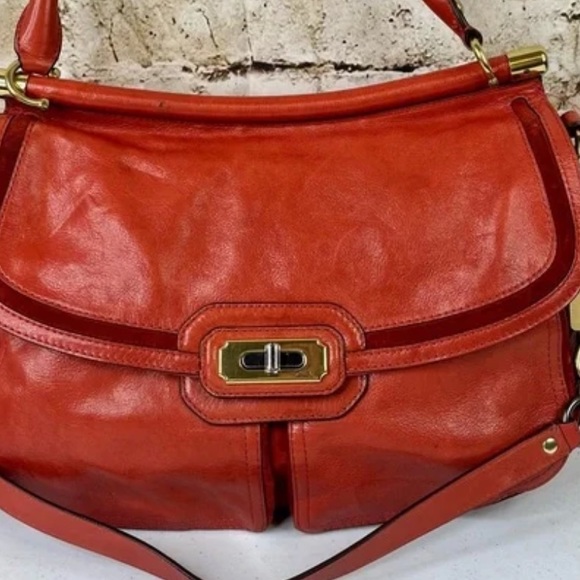 COACH®Flagship Chelsea Dowel Flap genuine leather Large Shoulder bag Orange - Picture 6 of 16
